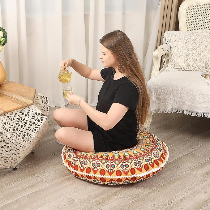 32 inches Meditation Floor Cushion for Adults, 2 Pack Round Large Thick Floor Pillow, Memory Foam Filling, Orange - Bloomnest