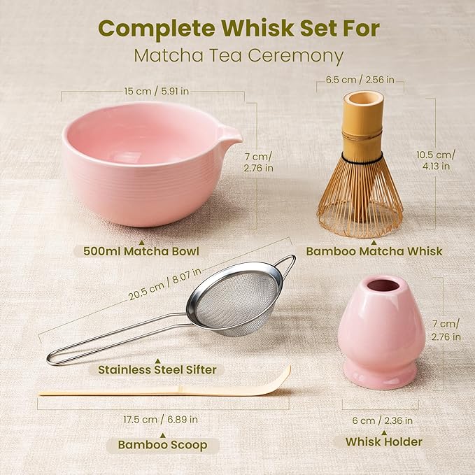 Matcha Whisk Set, Handcrafted Bamboo Chasen & Ceramic Bowl Matcha Kit,Complete 5 Pcs Pink Matcha Set Whisk and Bowl W/Stainless Steel Sifter,Bamboo Scoop & Holder for Matcha Tea Ceremony(Sakura Pink) - Bloomnest
