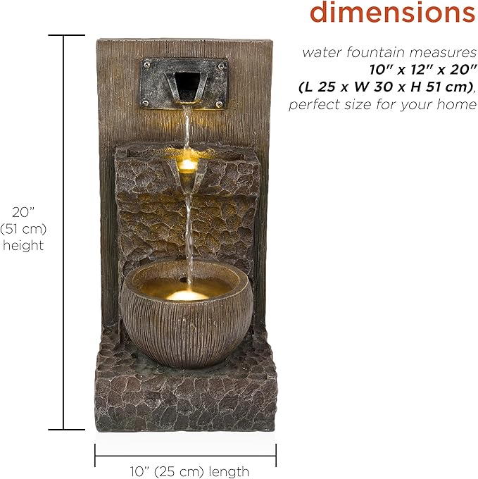 Alpine Corporation ZDQ108 Indoor/Outdoor Floor 3-Tier Fountain with LED Lights, Cascading Garden Water Fountain, 20" H, Brown - Bloomnest