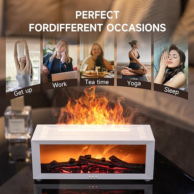 Fireplace Flame Air Diffuser Humidifier,7 Colors Aromatherapy Essential Oil Diffuser,Ultrasonic Aroma Humidifier with Timer for Home,Bedroom,Office,Yoga (White, L) - Bloomnest
