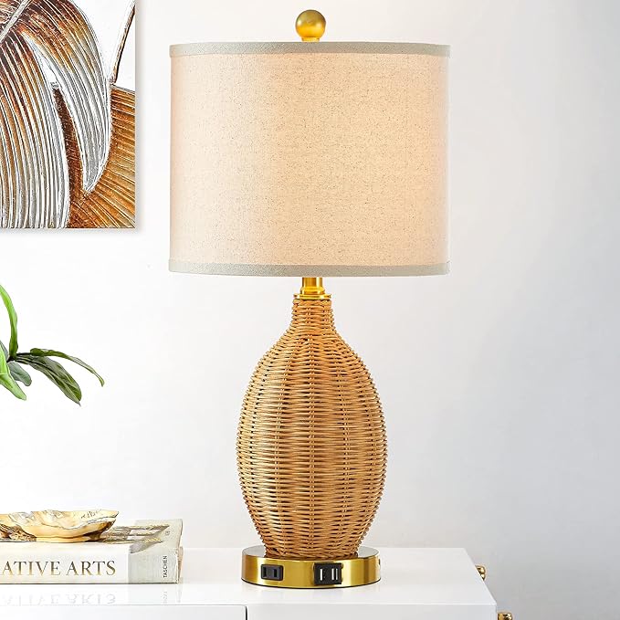 Touch Control Rattan Table Lamps, 3 Way Dimmable Bedside Lamps for Bedroom Set of 2 with 2 USB Ports and AC Outlet, Gold Wicker Nightstand Lamps for Living Room Office (LED Bulbs Included) - Bloomnest