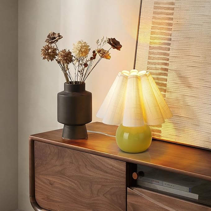 Green Small Bedside Mini Table Lamp for Bedroom, Cute Bedroom Lamps for Nightstand, Cute Mini Table Lamps for Small Spaces with Scalloped Shade for Kitchen Counter, Bookshelf, Kids Dorm - Bloomnest