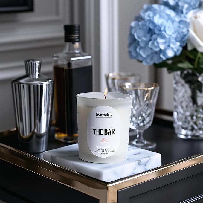 Homesick The Bar Scented Candle – 13 oz Soy Wax Candle with Organic Cotton Wick, 60–80 Hour Burn, Bourbon Vanilla Cedarwood Leather Scent, Reusable Glass Jar, Wedding & Engagement Gifts for Couples - Bloomnest