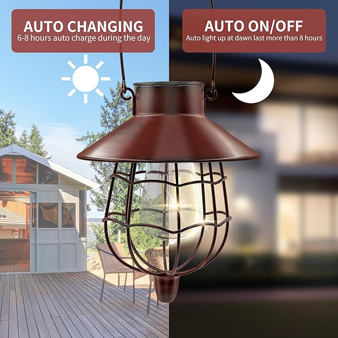2 Pack Solar Lanterns Outdoor Waterproof Hanging Solar Lights with Vintage Metal Warm White Light Edison Bulb Design, Decorate for Garden Yard Porch and Christmas (Red) - Bloomnest