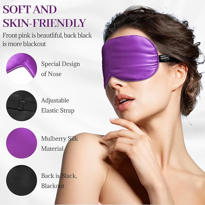 Silk Sleep Mask Eye Cover, 100% Mulberry Silk Women Men Eye Mask for Sleeping Blackout with Adjustable Straps, No Pressure Soft Blindfold Night Eye Shade, Eyemasks for Travel (Purple)