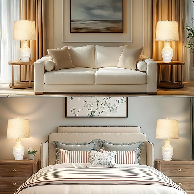 Scenekoy 23" Ceramic Table Lamps Set of 2 with 3-Way Dimmable Bulb,Rotary Switch,Lamps for Living Room,Bedside Lamp with Linen Shade,Nightstand Lamps of 2 for Living Room Bedroom(Bulb Included) - Bloomnest