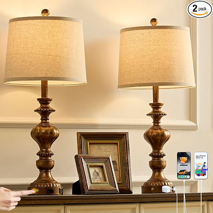 27.5" Farmhouse Table Lamps Set of 2 Bedside Nightstand Lamp with USB C+A Ports & AC Outlet, 3 Way Dimmable Touch Lamps for Bedroom Living Room Office Hallway Rustic Traditional Lamp (Copper) - Bloomnest