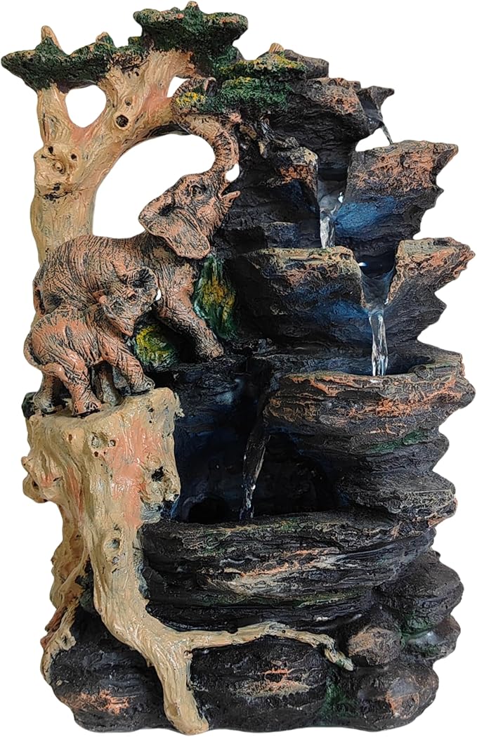 Water Fountain Indoor, Desktop Fountain Waterfall,Elephant Sculpture Layered LED Lighting. Indoor Office and Home Decorations Suitable for Creating a Peaceful Atmosphere. - Bloomnest