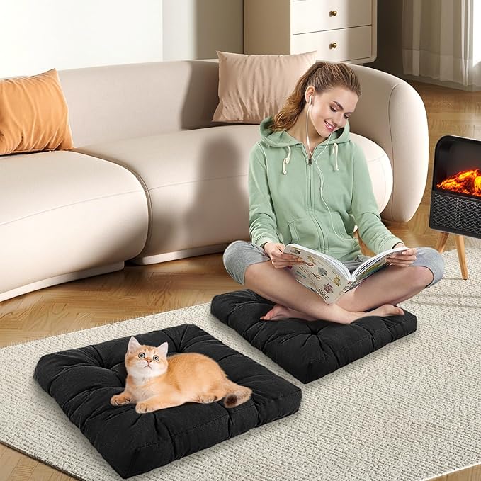 Meditation Floor Cushions, Thickened Floor Pillow for Adults, Large Square Pillows Seat Cushion for Tatami Living Room Yoga, Memory Sponge Block Added, 22x22 Inch, Black