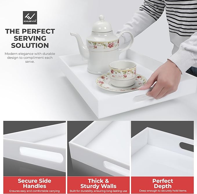 White Tray 15×10" with Cut Handles - Spill Proof Decorative Tray is an Ideal Countertop Organizer for Living Rooms, Ottoman Coffee Tables, Offices, Kitchens & Serving Guests - Bloomnest