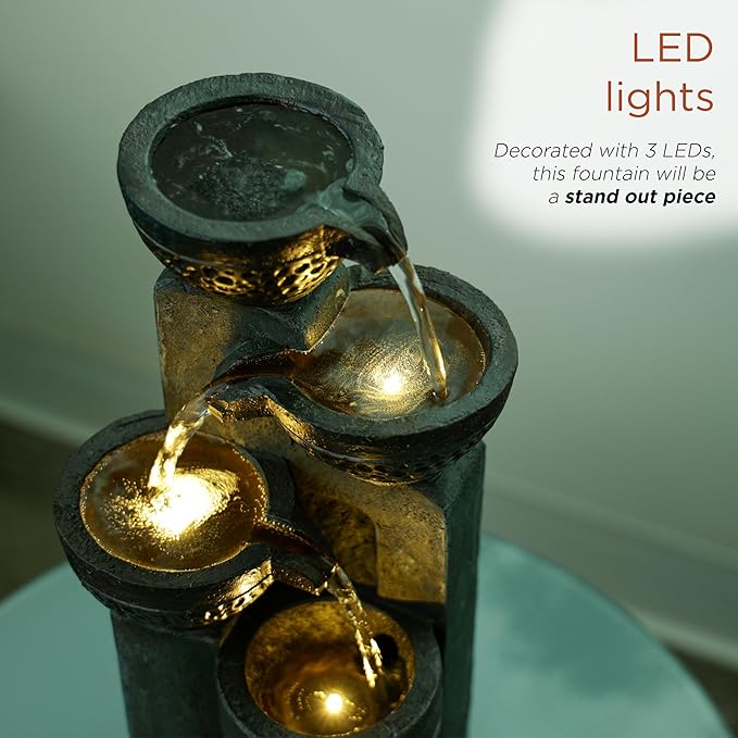 Alpine Corporation TZL412 14" Stoned Jar Cascading Water Fountain with LED Lights – Elegant Tabletop Water Feature for Home, Office, Living Room, Bedroom, and Desk Décor, Gray - Bloomnest