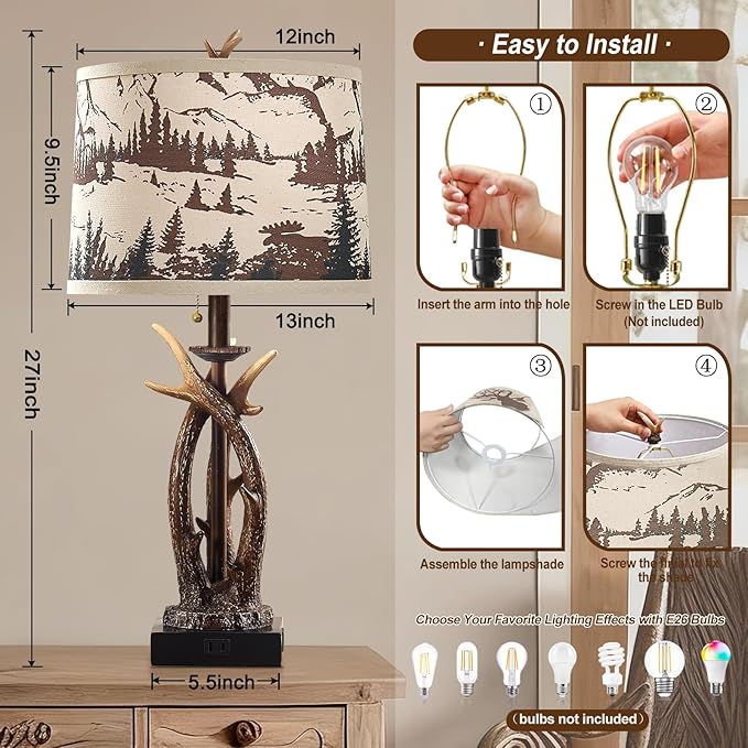 Rustic Farmhouse Antler Table Lamp Set of 2 with USB A+C Ports & AC Outlet Linen Fabric Deer Print Round Shade 27" Bedside Lamp for Living Room Bedroom Cabin Lodge Décor, Pull Chain Deer Antler Lamp - Bloomnest