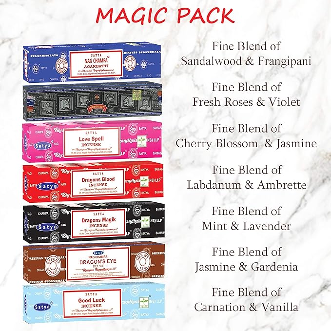 Satya Incense Sticks Gift Set, 7 Scents, Nag Champa, Super Hit, Dragon's Blood, Sandalwood, Patchouli, Lavender, Positive Vibes, 15g Each (Magic Mix) SoulSticks