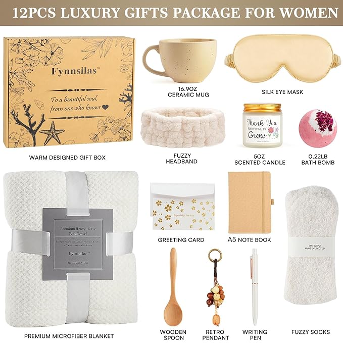 Self Care Gifts for Women - Luxury Spa Gift Baskets Care Package w/ Bath Bombs, Scented Candle & Plush Blanket Stress Relief Kit for Her New Moms & Working Women - Mother's Day/Birthday Present - Bloomnest