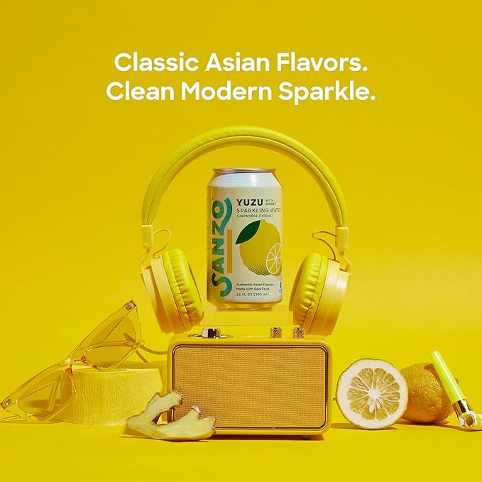 Sanzo Flavored Sparkling Water - Yuzu Lemon Seltzer (with Ginger) - Low Calorie Low Sugar Soda - Craft Asian Drinks - Vegan Gluten Free Carbonated Flavored Water - Fizzy Healthy Drinks - 12oz, 12 Pack - Bloomnest