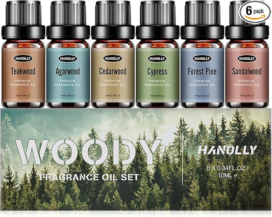 Woody Essential Oils Set, Woody Scents Fragrance Oil Aromatherapy Essential Oils Kit for Diffuser (6x10ML) - Sandalwood, Cedarwood, Teakwood, Agarwood, Cypress, Forest Pine Aromatherapy Oils - Bloomnest