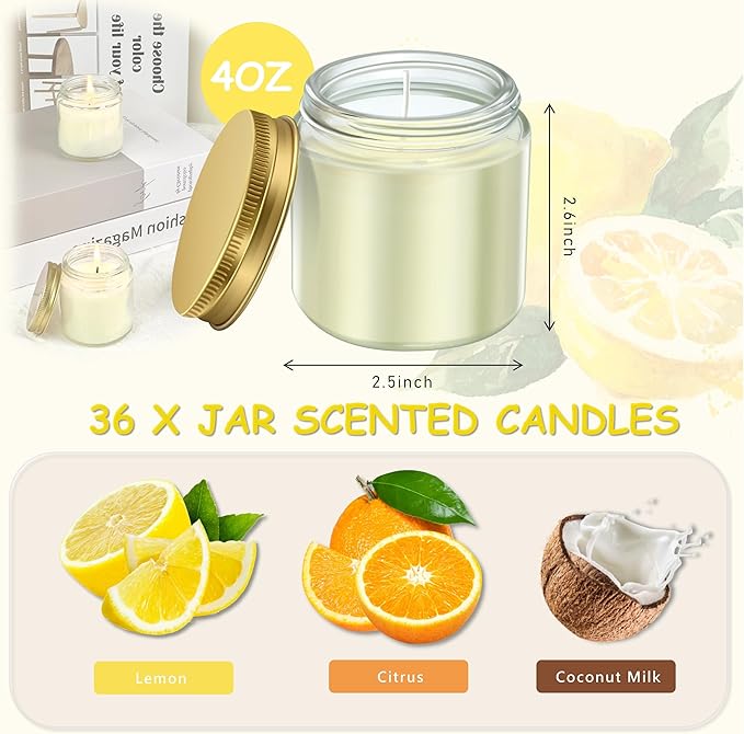ACITHGL 36 Pcs 4oz Mini Mason Jar Candles Small Scented Candles Bulk Aromatherapy Ideal Souvenir Favors for Wedding Birthday Party (Lemon, Citrus, Coconut Milk, Gold) - Bloomnest