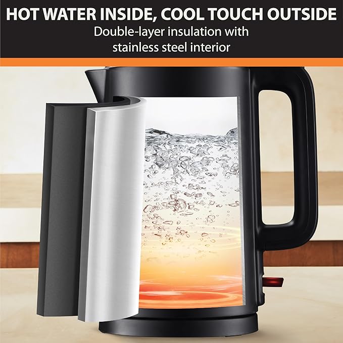 KRUPS 1.5L Electric Kettle Stainless Steel Cool Touch Interior, Fast Boiling, One Cup in 80 Seconds, Double Wall, Auto Off, Keep Warm, Hot Water Kettle Electric, Cordless, Black - Bloomnest