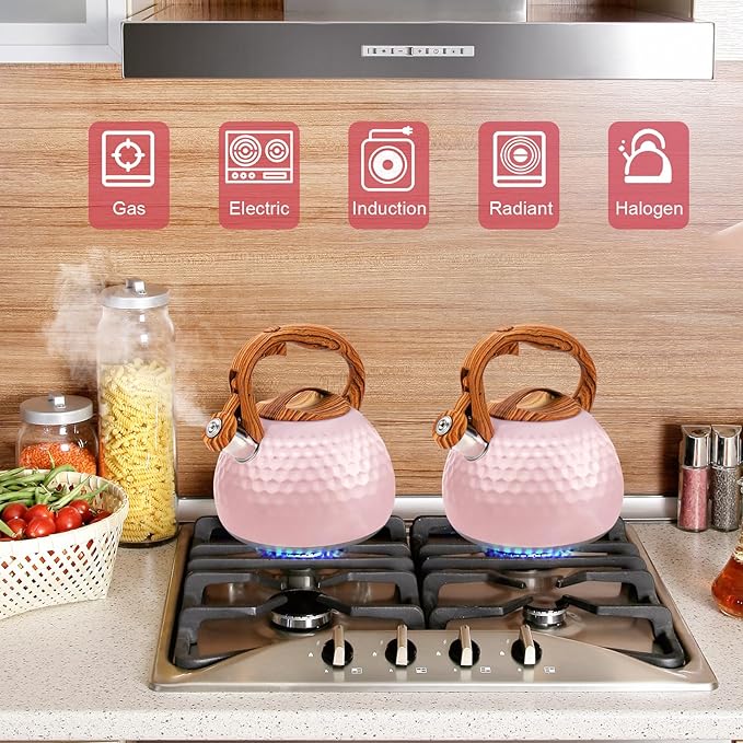 GGC Tea Kettle for Stove Top, Loud Whistling Kettle for Boiling Water Coffee or Milk, 3.1 Quart 3L Heavy Stainless Steel Pink Kettles with Wood Pattern Handle, Unique Button Control Kettle Outle - Bloomnest