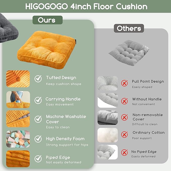 Washable Floor Pillow Cushion for Adults, Meditation Cushion Pillow, Large Square Floor Sitting, Removable Tufted Corduroy Cover, for Tatami Living Room or Yoga, 22x22 Inch, 2Pack, Machine Washable - Bloomnest