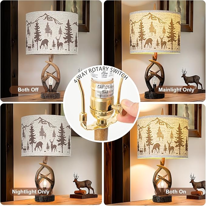 Farmhouse Deer Antler Table Lamp Set of 2 For Living Room with USB Ports, Rustic Bedside Lamp with Nightlight For Bedroom, linen Fabric Shade Vintage Nightstand Lamps For Hotel Bar Country House - Bloomnest