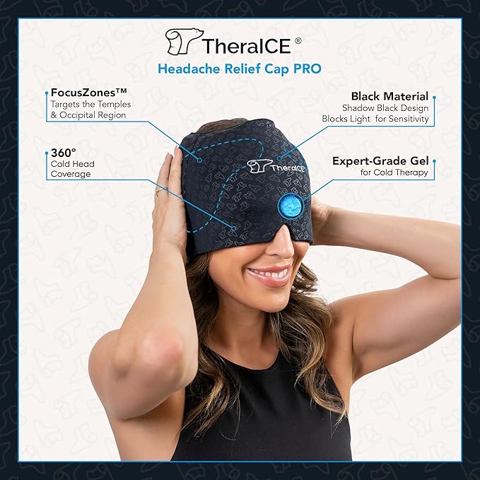 TheraICE Migraine Relief Cap PRO, Headache Relief Cap, Ice Face Mask, Cold Compress Head Wrap for Tension Headache Relief, Stress & Hangover, FocusZone Technology Provides Extra Cooling & Pressure - Bloomnest