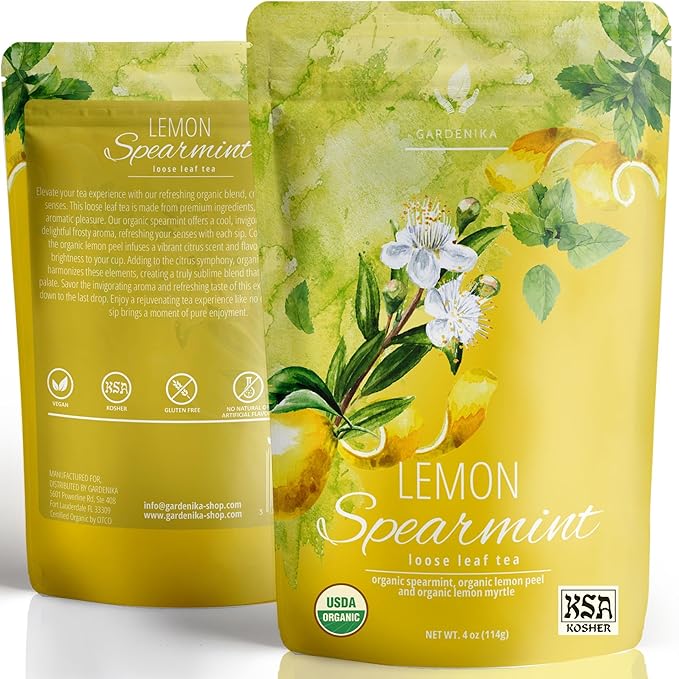 Gardenika Lemon Spearmint Organic Loose Leaf Tea, Herbal and Caffeine-Free Natural Blend – KSA Kosher, No Natural or Artificial Flavors – 4 oz (1 Pack) - Bloomnest