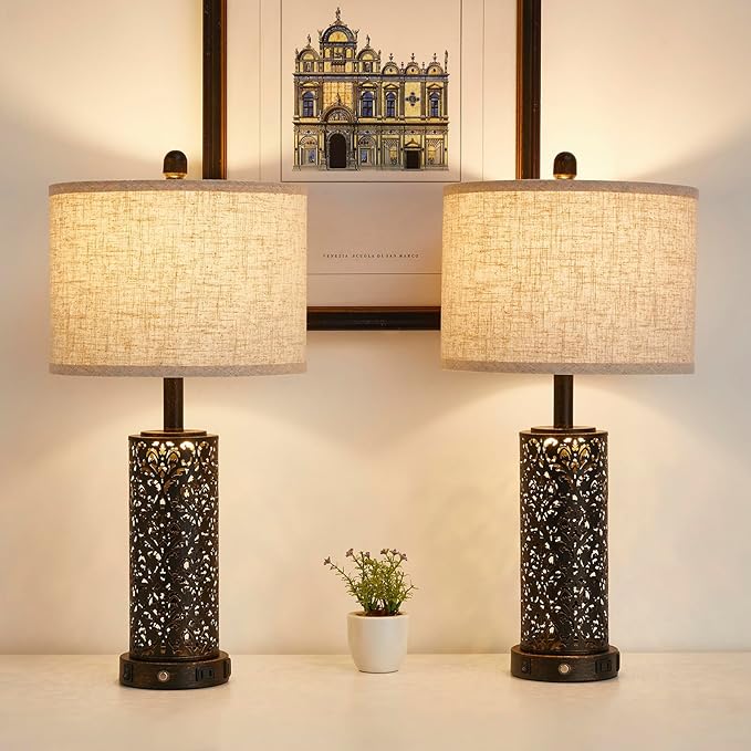 26" Farmhouse Table Lamp Dual Light 3-Way Dimmable Touch Control, 2 USB Ports + AC Outlet Rustic Bedside Lamp for Living Room Bedroom and Nightstand with Nightlight (Black-1 Pack) - Bloomnest