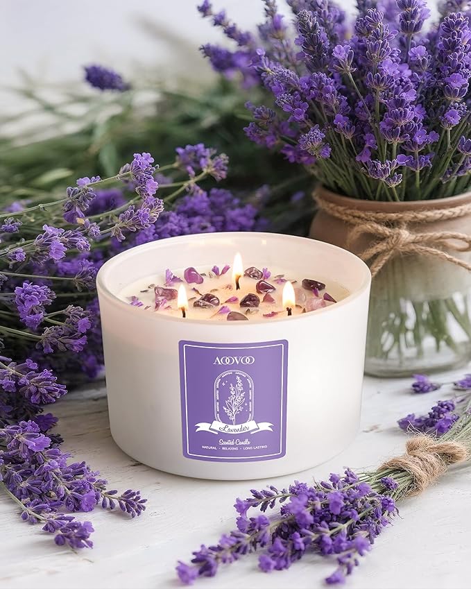 AOOVOO Lavender Scented Candles for Women - 20oz 3 Wick Soy Candles for Home Scented, Aromatherapy Candle with Crystals Inside, Birthday Gifts Christmas Candle for Women Mom - Bloomnest