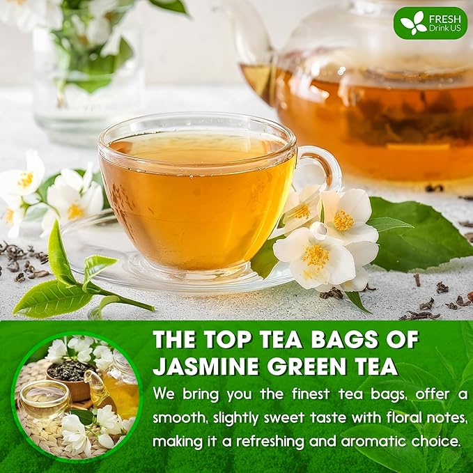FreshDrinkUS, Premium 20 Tea Bags of Jasmine Green Tea, 100% Natural. Exquisite Flavor, Handpicked Leaves, Perfect for Tea Lovers. No Sugar, No Gluten, Vegan. - Bloomnest