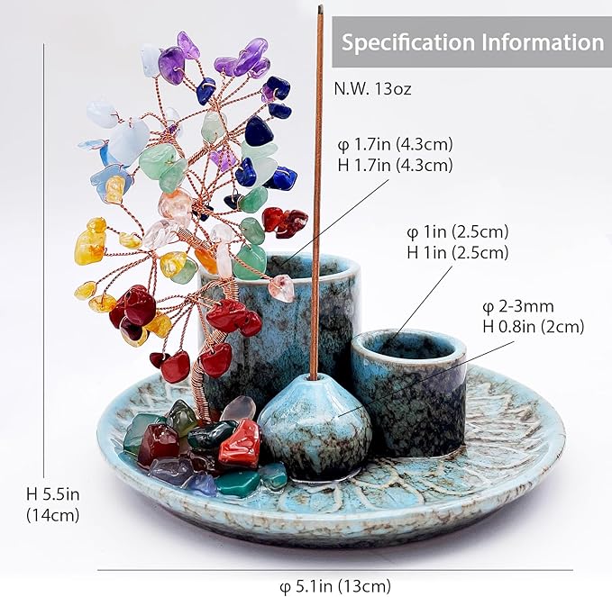 5 in 1 Incense Burner Holder with Crystal Healing Tree, Palo Santo Holder, Sage Holder, Incense Holder for Sticks/Cones/Candles, Ceramic Tray Ash Catcher for Burning Incense, Meditation Gift - Bloomnest