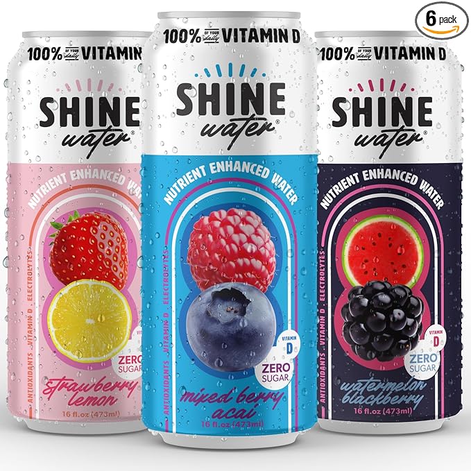 Shine Water Variety Pack Vitamin D Electrolyte Drinks, Sugar Free Flavored Water 6-Pack with Magnesium, Zinc & Antioxidants, Low Calorie Hydration Beverage, Plant-Based Vitamin Water Zero Sugar - Bloomnest
