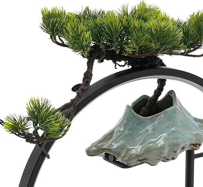 Ceramic Tabletop Fountain with Wood Stand, Indoor Waterfall Feature for Home Office Desk,Desktop Water Fountain Asian Zen Decor with LED Light for Relaxation - Bloomnest