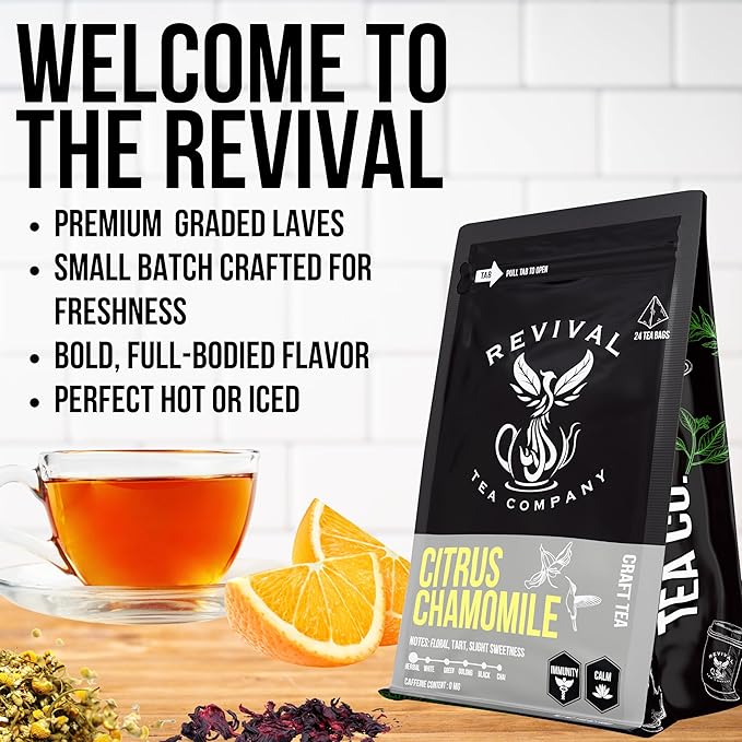 Revival Tea Company Citrus Chamomile Tea - Herbal Tea Blend of Chamomile Flowers and Orange Peel - Caffeine Free - 24 Tea Bags - Bloomnest