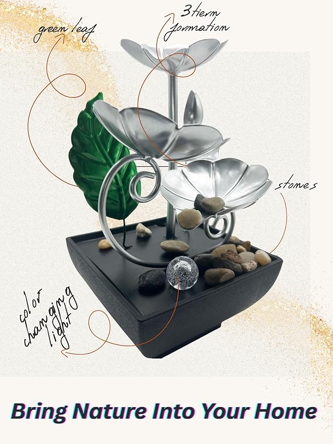 Tabletop Water Fountain with LED Light – Indoor Zen Décor with 3-Tier Design, Natural River Stones for Office, Home 8inch Tall