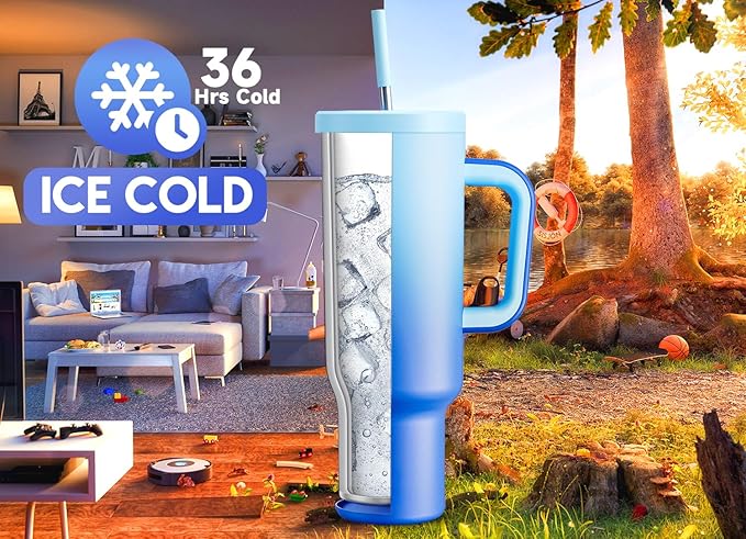 Meoky 50 oz Tumbler with Handle, Tumbler with Lid and Straw, Insulated Stainless Steel Travel Mug, 100% Leak-proof, Keeps Cold for 36 Hours or Hot for 12 Hours (Sky) - Bloomnest