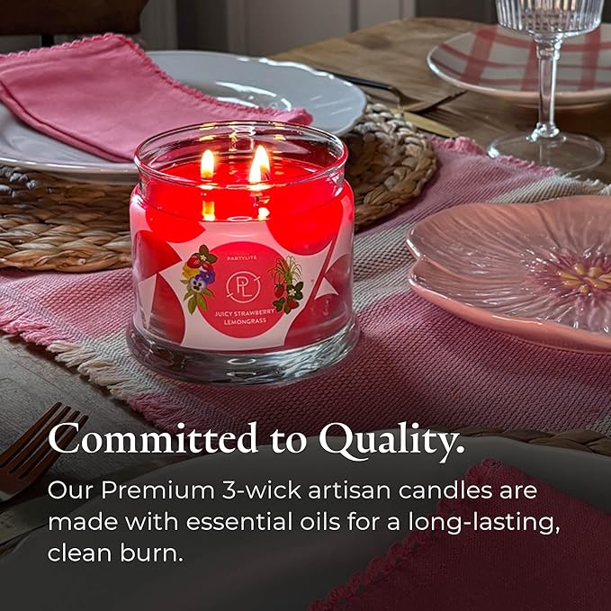 PartyLite Juicy Strawberry Lemongrass Scented, Notes of Lemongrass, Eucalyptus, Pansies, Verbena & Cedarwood, 13.2oz 3-Wick Jar Candle, 45 Hour Burn Time, Luxurious Fragrance, Ideal for Gifting - Bloomnest