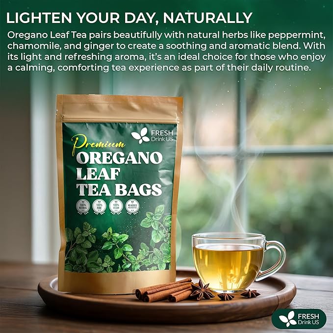 FreshDrinkUS, Oregano Leaf Tea | 75 Tea Bags – Pure Herbal Infusion from Origanum vulgare - Naturally Bold & Aromatic Flavor - Premium Quality, Sustainably Sourced. Vegan - Bloomnest