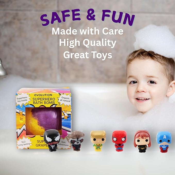 EvolutionUSA 1pc Epic Superhero Bath Bombs for Kids, Super Hero Bath Bomb with Toy Inside, Lush Childrens Bathbomb, Organic Bathbomb with Surprise Inside, Fizzy Fun Superhero Bath Ball Bath Toy - Bloomnest