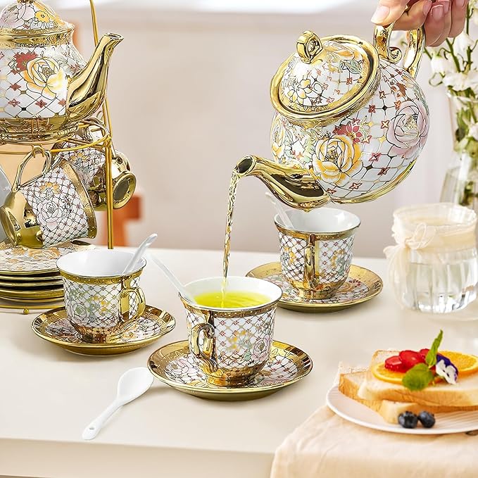 20 Pcs Porcelain Tea Set with Metal Holder, Adult Tea Sets Gift, European Ceramic Tea Set for Adults, Flower Tea Cup Saucer Set for Party With Gold Flower Painting (Classic Gold) - Bloomnest