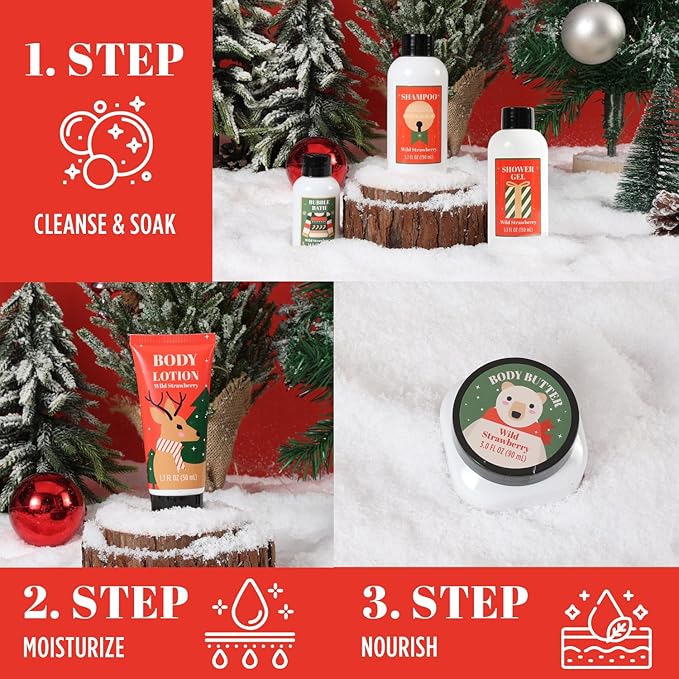 Christmas Bath and Body Gift Set for Women - Holiday Stocking Stuffers With Body Butter, Shower Gel, Lotion, Shampoo, Bubble Bath, Mini Towel - Birthday Gifts - Bloomnest