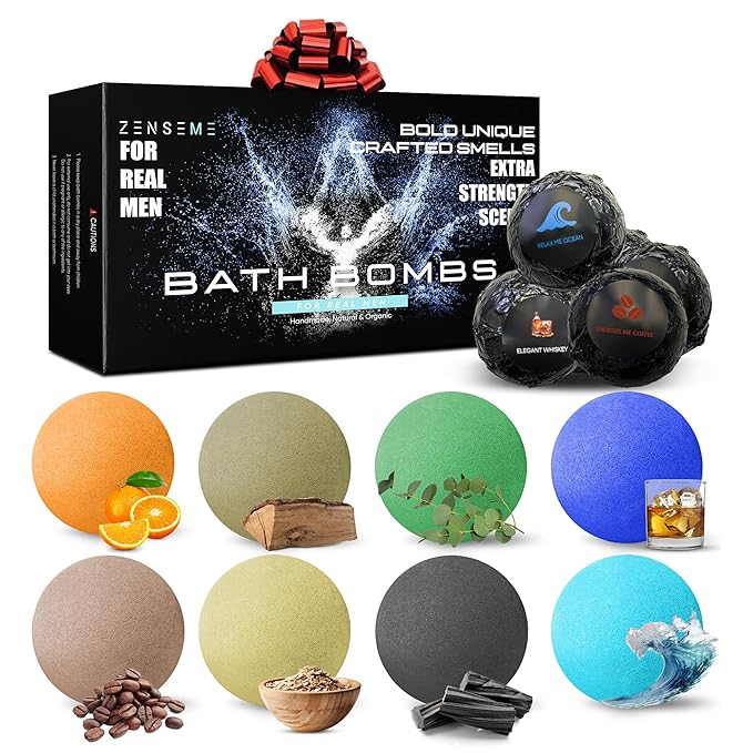 Bath Bombs for Men - Gift Set of 8 Scented Organic Handmade Bath Bombs of 2.5 oz with Natural Essential Oils, Unique Strong Manly Scents, for Boyfriend, Husband, Father or Friend, by ZenseMe - Bloomnest