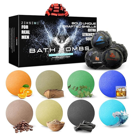 Bath Bombs for Men - Gift Set of 8 Scented Organic Handmade Bath Bombs of 2.5 oz with Natural Essential Oils, Unique Strong Manly Scents, for Boyfriend, Husband, Father or Friend, by ZenseMe - Bloomnest