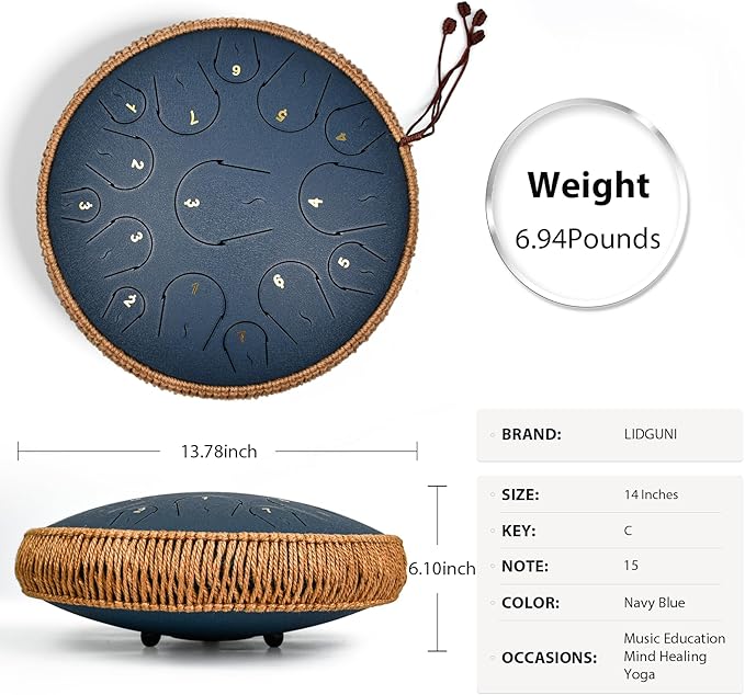 Steel Tongue Drum - 14 Inch 15 Note Tongue Drum - Hand Pan Drum with Music Book, Handpan Mallets and Carry Bag, C Major, Navy Blue - Bloomnest