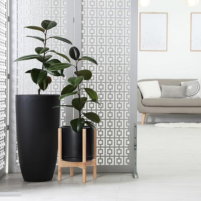 D'vine Dev Ceramic Planter with Natural Stand - 10 Inch Modern Round Flower Pot with Wood Planter Holder, Black, 55-B-K-2 - Bloomnest