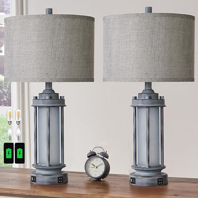 Set of 2 Rustic Table Lamps for Living Room, Farmhouse Vintage Nightstand Lamp with 2 USB Ports, Antique Retro Light Green Glass Night Light for Bedroom Entryway, 4 Bulbs Included - Bloomnest