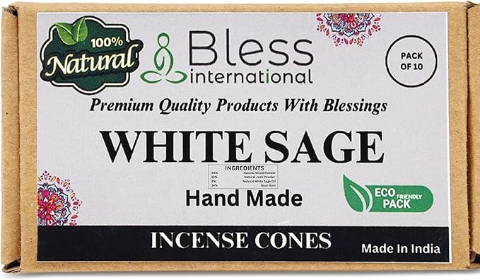 Bless-International White Sage 100%-Natural-Incense-Cones Handmade-Hand-Dipped Organic-Chemicals-Free for-Purification-Relaxation-Positivity-Yoga-Meditation The-Best-scents (10 Count) BlessInternational