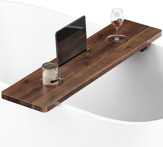 Tinamo 35”L Wooden Bathtub Tray, Bathtub Caddy Tray For Tub with Tablet Slot & Wine Holder - Acacia Bath Tray For Tub, Bath Table - Bathtub Tray Table with Adjustable Legs (Walnut color, 35"x 9"x2.5") - Bloomnest