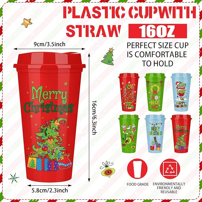 Pickmesh 12 Pack Christmas Coffee Cups Gifts Bulk 16 oz Reusable Coffee Cup Tumblers with Lid Plastic Cups Travel Mug Thank You Gifts for Women Coworkers Holiday Drinks - Bloomnest