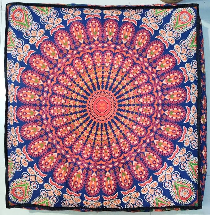ICC 24" Orange Peacock Mandala Barmeri Large Floor Pillow Cover Cushion Meditation Seating Ottoman Throw Cover Hippie Decorative Zipped Bohemian Pouf Ottoman Pom Pom Cases 24" Square - Bloomnest